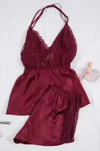 TRENDYOLMİLLA Burgundy Lace and Back Detailed Rope Sleeveless Satin OF shorts Weaving Pajama Set