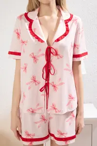 TRENDYOLMİLLA Pink 100% Cotton Ribbon/with bow Frilly OF shorts Knitting Pajama Set - Image 7