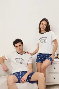 TRENDYOLMİLLA Women Couple/Cift White 100% Cotton Avokado Patterned OF shorts Knitting Pajama Set - Image 2