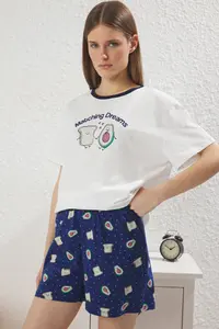 TRENDYOLMİLLA Women Couple/Cift White 100% Cotton Avokado Patterned OF shorts Knitting Pajama Set - Image 3