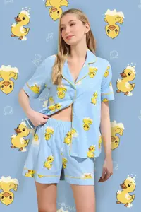 TRENDYOLMİLLA Mavi 100% Cotton Duck Patterned Piped OF shorts Knitting Pajama Set
