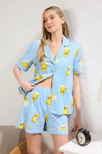 TRENDYOLMİLLA Mavi 100% Cotton Duck Patterned Piped OF shorts Knitting Pajama Set - Image 3