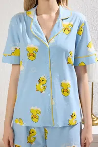 TRENDYOLMİLLA Mavi 100% Cotton Duck Patterned Piped OF shorts Knitting Pajama Set - Image 4