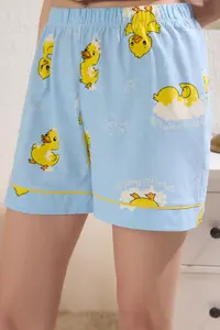 TRENDYOLMİLLA Mavi 100% Cotton Duck Patterned Piped OF shorts Knitting Pajama Set - Image 5