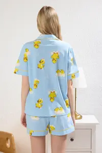 TRENDYOLMİLLA Mavi 100% Cotton Duck Patterned Piped OF shorts Knitting Pajama Set - Image 6