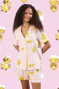 TRENDYOLMİLLA Pink 100% Cotton Duck Patterned Piped OF shorts Knitting Pajama Set