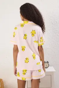 TRENDYOLMİLLA Pink 100% Cotton Duck Patterned Piped OF shorts Knitting Pajama Set - Image 4