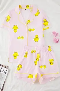 TRENDYOLMİLLA Pink 100% Cotton Duck Patterned Piped OF shorts Knitting Pajama Set - Image 5
