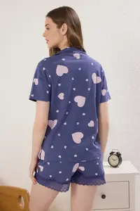 TRENDYOLMİLLA Mavi 100% Cotton Kalpli Lace Detailed OF shorts Knitting Pajama Set - Image 5