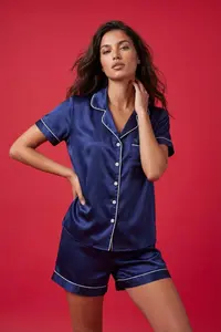 TRENDYOLMİLLA Navy Blue Piped Satin OF shorts Weaving Pajama Set
