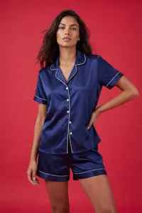 TRENDYOLMİLLA Navy Blue Piped Satin OF shorts Weaving Pajama Set - Image 2