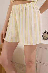 TRENDYOLMİLLA Yellow Cherry Embroidered Striped Viscose OF shorts Weaving Pajama Set - Image 3