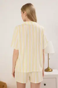 TRENDYOLMİLLA Yellow Cherry Embroidered Striped Viscose OF shorts Weaving Pajama Set - Image 4