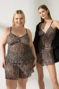 TRENDYOLMİLLA Leopard Ribbon/Fyonklu pleated OF shorts Weaving Pajama Set - Image 2