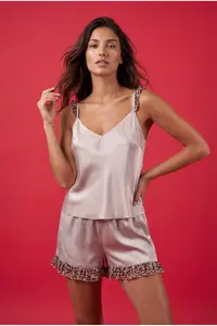 TRENDYOLMİLLA Mink 3 Sets Dowry Set Leopard Frilly Satin Pantyhose and OF shorts Weaving Pajama Set