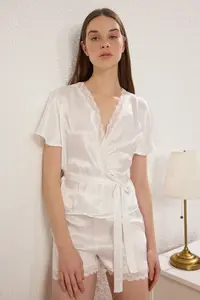 TRENDYOLMİLLA White Belted Lace Detailed Satin OF shorts Weaving Pajama Set - Image 2