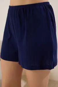 TRENDYOLMİLLA Navy Blue 100% Cotton Yaka Lace Pointel Cellular/Delikli OF shorts Knitting Pajama Set - Image 4