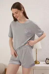TRENDYOLMİLLA Gray Melange with pocket Satin Cuffed Viscose OF shorts Knitting Pajama Set