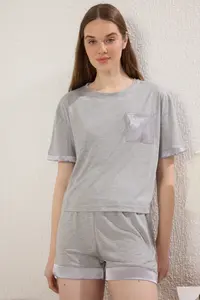 TRENDYOLMİLLA Gray Melange with pocket Satin Cuffed Viscose OF shorts Knitting Pajama Set - Image 2