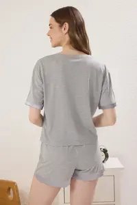 TRENDYOLMİLLA Gray Melange with pocket Satin Cuffed Viscose OF shorts Knitting Pajama Set - Image 4