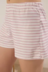 TRENDYOLMİLLA Pink-Multicolored Striped Frilly and tied up Ribbed OF shorts Knitting Pajama Set - Image 3