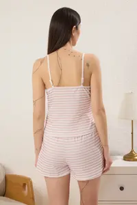 TRENDYOLMİLLA Pink-Multicolored Striped Frilly and tied up Ribbed OF shorts Knitting Pajama Set - Image 4