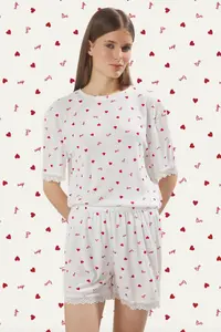 TRENDYOLMİLLA White Heart and Slogan Lace Detailed Ribbed OF shorts Knitting Pajama Set