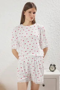 TRENDYOLMİLLA White Heart and Slogan Lace Detailed Ribbed OF shorts Knitting Pajama Set - Image 2