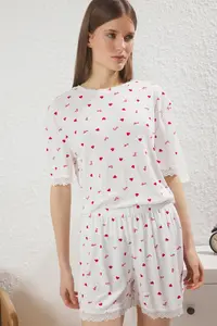 TRENDYOLMİLLA White Heart and Slogan Lace Detailed Ribbed OF shorts Knitting Pajama Set - Image 3