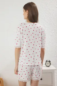 TRENDYOLMİLLA White Heart and Slogan Lace Detailed Ribbed OF shorts Knitting Pajama Set - Image 5