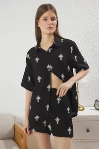 TRENDYOLMİLLA Black Ethnic/Bohem Patterned Shirt OF shorts Viscose Weaving Pajama Set