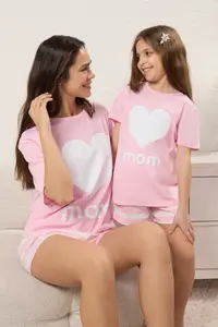 TRENDYOLMİLLA Women Mini Me/Mother Girl Pink 100% Cotton Striped Heart OF shorts Knitting Pajama Set - Image 2