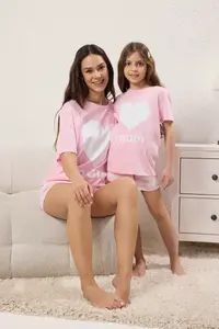 TRENDYOLMİLLA Women Mini Me/Mother Girl Pink 100% Cotton Striped Heart OF shorts Knitting Pajama Set - Image 3
