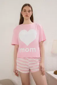 TRENDYOLMİLLA Women Mini Me/Mother Girl Pink 100% Cotton Striped Heart OF shorts Knitting Pajama Set - Image 4