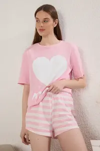 TRENDYOLMİLLA Women Mini Me/Mother Girl Pink 100% Cotton Striped Heart OF shorts Knitting Pajama Set - Image 5