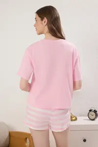 TRENDYOLMİLLA Women Mini Me/Mother Girl Pink 100% Cotton Striped Heart OF shorts Knitting Pajama Set - Image 7