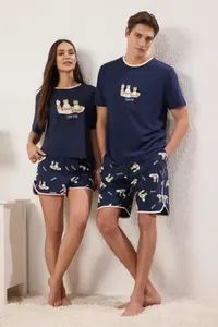 TRENDYOLMİLLA Women Couple Navy Blue 100% Cotton Cat Slogan OF shorts Knitting Pajama Set