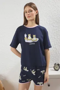 TRENDYOLMİLLA Women Couple Navy Blue 100% Cotton Cat Slogan OF shorts Knitting Pajama Set - Image 3