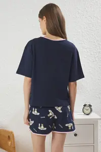 TRENDYOLMİLLA Women Couple Navy Blue 100% Cotton Cat Slogan OF shorts Knitting Pajama Set - Image 5
