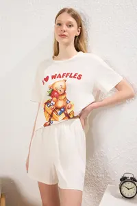 TRENDYOLMİLLA Ecru 100% Cotton Teddy Bear Slogan OF shorts Knitting Pajama Set