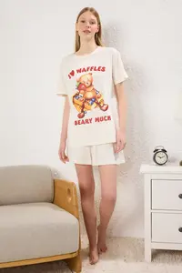 TRENDYOLMİLLA Ecru 100% Cotton Teddy Bear Slogan OF shorts Knitting Pajama Set - Image 2