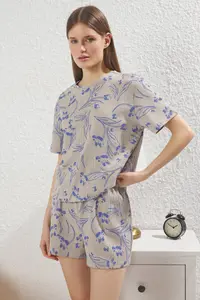 TRENDYOLMİLLA Beige-Multicolored Floral Waffle Material OF shorts Knitting Pajama Set - Image 2
