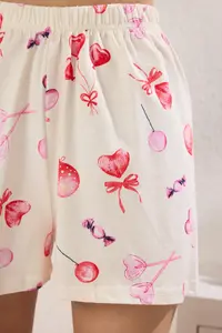 TRENDYOLMİLLA Ecru 100% Cotton Kalpli OF shorts Knitting Pajama Set - Image 3