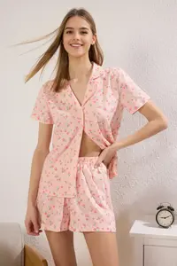 TRENDYOLMİLLA Pink 100% Cotton Gingham Floral OF shorts Knitting Pajama Set