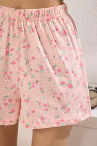 TRENDYOLMİLLA Pink 100% Cotton Gingham Floral OF shorts Knitting Pajama Set - Image 3
