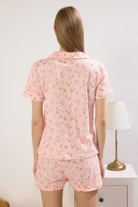 TRENDYOLMİLLA Pink 100% Cotton Gingham Floral OF shorts Knitting Pajama Set - Image 4