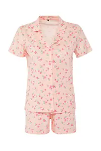 TRENDYOLMİLLA Pink 100% Cotton Gingham Floral OF shorts Knitting Pajama Set - Image 5