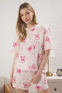 TRENDYOLMİLLA Pink 100% Cotton Teddy Bear OF shorts Knitting Pajama Set - Image 2