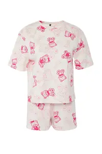 TRENDYOLMİLLA Pink 100% Cotton Teddy Bear OF shorts Knitting Pajama Set - Image 6