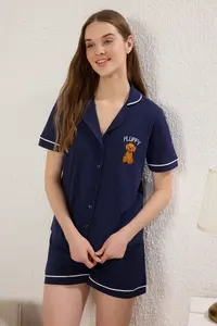 TRENDYOLMİLLA Navy Blue Piped Dog and Slogan Embroidered OF shorts Knitting Pajama Set - Image 2